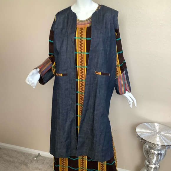 Dresses & Skirts - Ethnic Colorful Patterned Dress with Denim Jacket